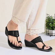 Women Embellished T-Strap Wedge Sandals (W-MS-03-BLACK)
