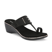 Women Embellished T-Strap Wedge Sandals (W-MS-03-BLACK)