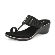Women Embellished T-Strap Wedge Sandals (W-MS-03-BLACK)