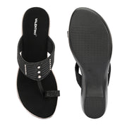 Women Embellished T-Strap Wedge Sandals (W-MS-03-BLACK)