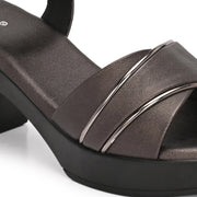 Women GunMetal Block Heel Sandals with Gold Detail (W-MS-04-GUNMETAL)