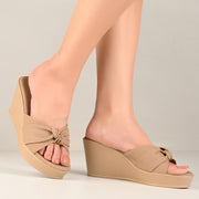 Women Beige Knot Strap Wedge Slides (W-MS-07-BEIGE)