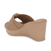 Women Beige Knot Strap Wedge Slides (W-MS-07-BEIGE)