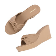 Women Beige Knot Strap Wedge Slides (W-MS-07-BEIGE)