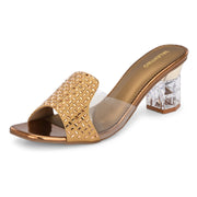 Women Embellished Transparent Strap Block Heels (W-MT-06-ANTIQUE)