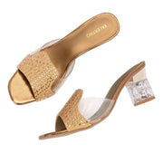 Women Embellished Transparent Strap Block Heels (W-MT-06-ANTIQUE)