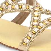 Women Stone Work Cross Strap Ethnic Flats (W-MT-10-YELLOW)