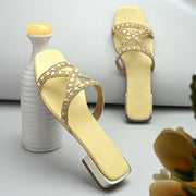 Women Stone Work Cross Strap Ethnic Flats (W-MT-10-YELLOW)