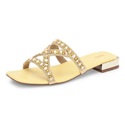 Women Stone Work Cross Strap Ethnic Flats (W-MT-10-YELLOW)