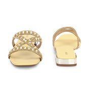 Women Stone Work Cross Strap Ethnic Flats (W-MT-10-YELLOW)