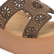 Women Embellished Platform Slides (W-MT-28-BROWN)