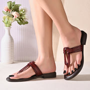 Women Cherry Leather Toe-Ring Flats (W-MT-30-CHERRY)