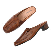 Women Tan Leather Cut-Out Heel Mules (W-MT-31-TAN)