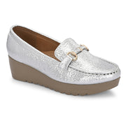 Women Textured Stylish Loafers (W-MT-40-SILVER)