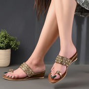Women Antique Gold Jeweled Toe-Ring Wedges (W-MT-47-ANTIGOLD)