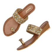 Women Antique Gold Jeweled Toe-Ring Wedges (W-MT-47-ANTIGOLD)