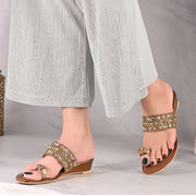 Women Antique Gold Jeweled Toe-Ring Wedges (W-MT-47-ANTIGOLD)
