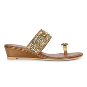 Women Antique Gold Jeweled Toe-Ring Wedges (W-MT-47-ANTIGOLD)
