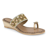 Women Gold Jeweled Toe-Ring Wedges (W-MT-47-GOLDEN)