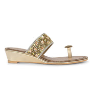 Women Gold Jeweled Toe-Ring Wedges (W-MT-47-GOLDEN)