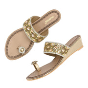 Women Gold Jeweled Toe-Ring Wedges (W-MT-47-GOLDEN)
