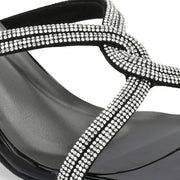 Women Sculptural-Heel Crystal-Strap Sandals (W-MT-49-BLACK)
