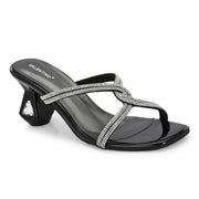 Women Sculptural-Heel Crystal-Strap Sandals (W-MT-49-BLACK)