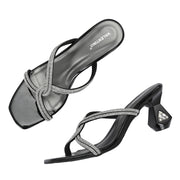 Women Sculptural-Heel Crystal-Strap Sandals (W-MT-49-BLACK)