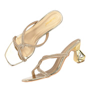 Women Sculptural-Heel Crystal-Strap Sandals (W-MT-49-GOLDEN)