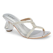 Women Sculptural-Heel Crystal-Strap Sandals (W-MT-49-SILVER)