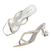 Women Sculptural-Heel Crystal-Strap Sandals (W-MT-49-SILVER)