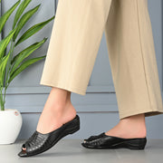 Women Premium Leather Textured Open-Toe Wedge Sandals (W-MT-66-BLACK)
