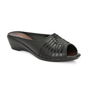 Women Premium Leather Textured Open-Toe Wedge Sandals (W-MT-66-BLACK)