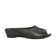 Women Premium Leather Textured Open-Toe Wedge Sandals (W-MT-66-BLACK)