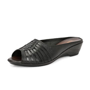 Women Premium Leather Textured Open-Toe Wedge Sandals (W-MT-66-BLACK)