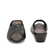 Women Premium Leather Textured Open-Toe Wedge Sandals (W-MT-66-BLACK)