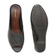 Women Premium Leather Textured Open-Toe Wedge Sandals (W-MT-66-BLACK)