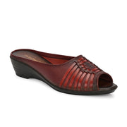 Women Premium Leather Textured Open-Toe Wedge Sandals (W-MT-66-MAROON)