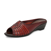 Women Premium Leather Textured Open-Toe Wedge Sandals (W-MT-66-MAROON)