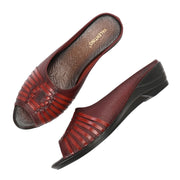 Women Premium Leather Textured Open-Toe Wedge Sandals (W-MT-66-MAROON)