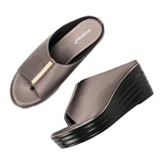 Women Metallic Wedge Slide Sandals (W-MT-70-GUNMETAL)