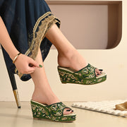 Women Embellished Platform Wedge Slides (W-MT-71-BOTTLEGREEN)