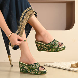 Women Embellished Platform Wedge Slides (W-MT-71-BOTTLEGREEN)