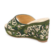 Women Embellished Platform Wedge Slides (W-MT-71-BOTTLEGREEN)