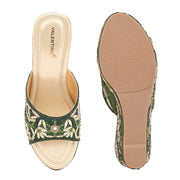 Women Embellished Platform Wedge Slides (W-MT-71-BOTTLEGREEN)