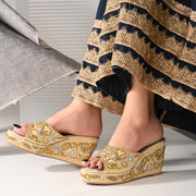 Women Embellished Platform Wedge Slides (W-MT-71-LIGHTGOLD-MULTI)