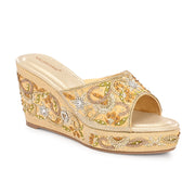 Women Embellished Platform Wedge Slides (W-MT-71-LIGHTGOLD-MULTI)
