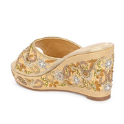 Women Embellished Platform Wedge Slides (W-MT-71-LIGHTGOLD-MULTI)