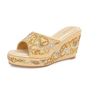 Women Embellished Platform Wedge Slides (W-MT-71-LIGHTGOLD-MULTI)