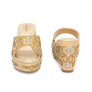 Women Embellished Platform Wedge Slides (W-MT-71-LIGHTGOLD-MULTI)
